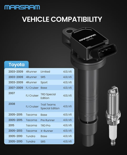 Marsram Ignition Coil Pack UF495 & Double Iridium Spark Plugs 6176 Compatible with Toyota, 2005-2015 Tacoma, 2007-2009 FJ Cruiser 2005-2009 4Runner Tundra, Set of 6, V6 4.0L, 90919-02248 90919-A2001