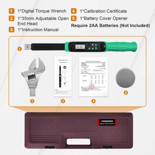 Marsram Adjustable Digital Torque Wrench, 5-99.6ft.lbs/6.8-135N.m, 5-35mm Jaw, Open End Interchangeable Electronic Torque Wrench With Buzzer And LED, For HVAC Car Moto Repair Tool, Calibrated