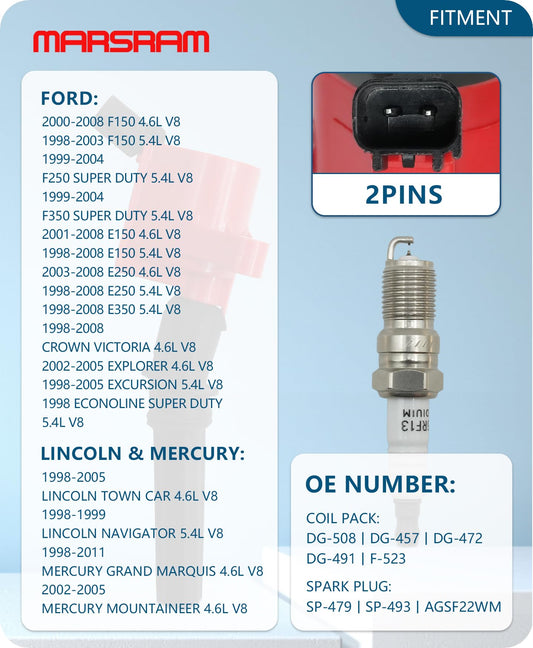 Marsram Ignition Coil Pack DG508 & Spark Plugs SP479 Double Iridium 16 PCS