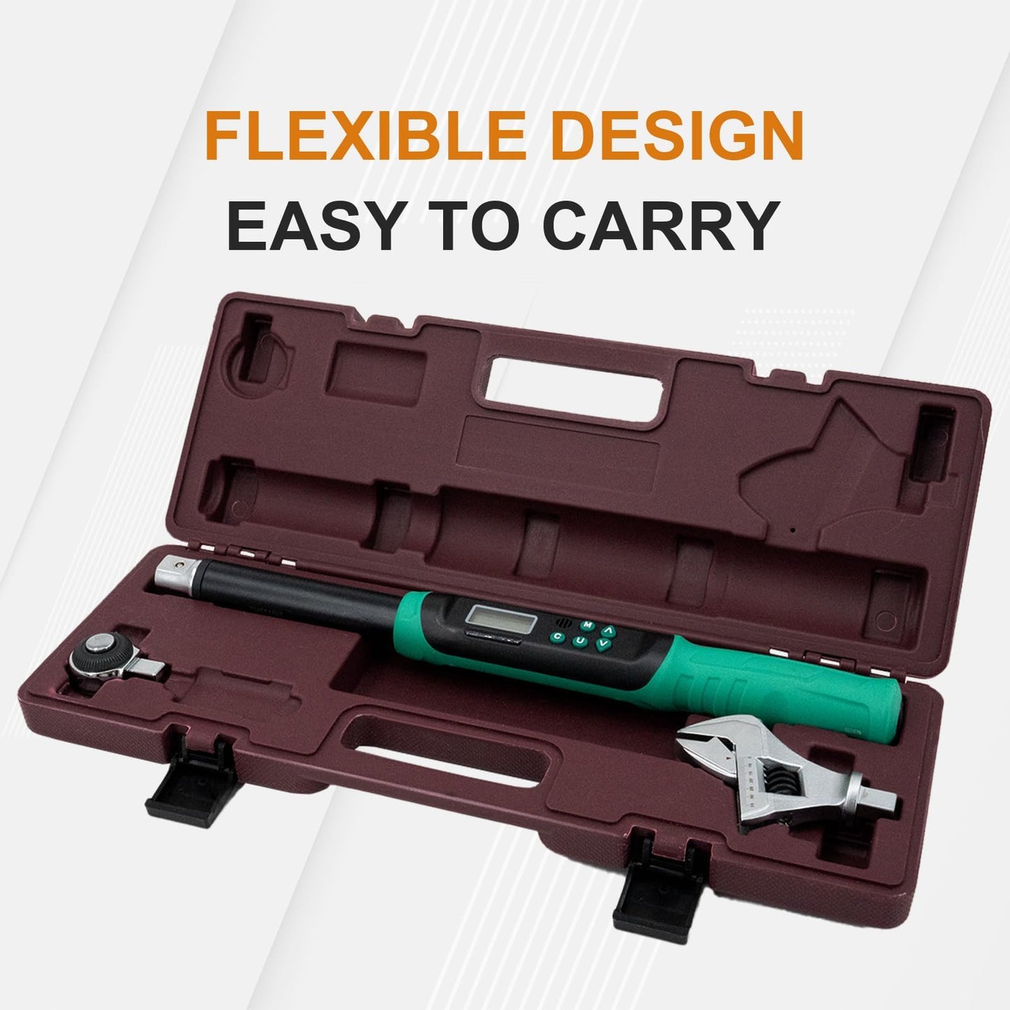 Marsram Adjustable Digital Torque Wrench 5-99.6ft.lbs/6.8-135N.m, Interchangeable Electronic Torque Wrench With 5-35mm Jaw And 3/8" Drive Ratchet Head With Buzzer And LED, For HVAC Car Moto Repair