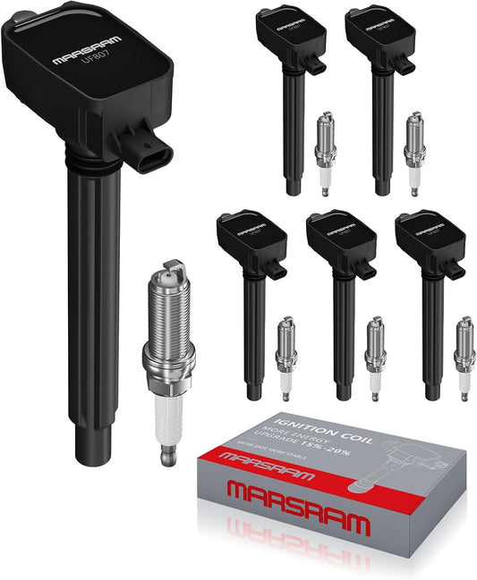 Marsram Ignition Coil Pack UF807 & Double Iridium Spark Plugs 93175 6 Set | Compatible with Jeep Dodge Chrysler, 2016-2018 Grand Cherokee Durango, 2018 Wrangler, 2017-2018 Pacifica, 3.6L V6, 68223569AB