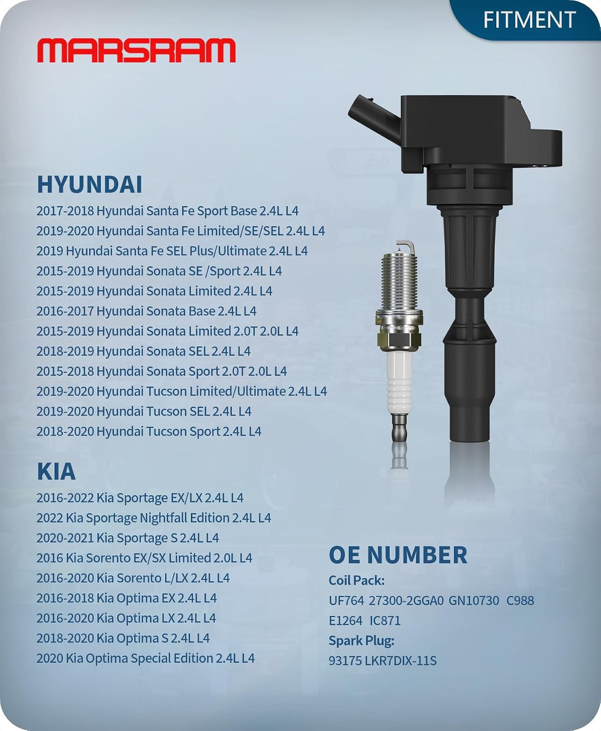 Marsram Ignition Coil Pack UF764 Spark Plug for 2016-2020 Kia Optima 2.4L