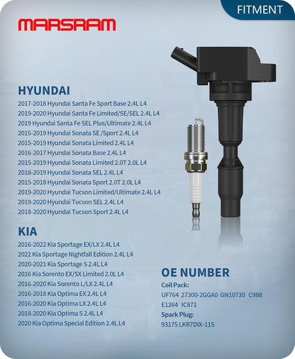 Marsram Ignition Coil Pack UF764 Spark Plug for 2016-2020 Kia Optima 2.4L