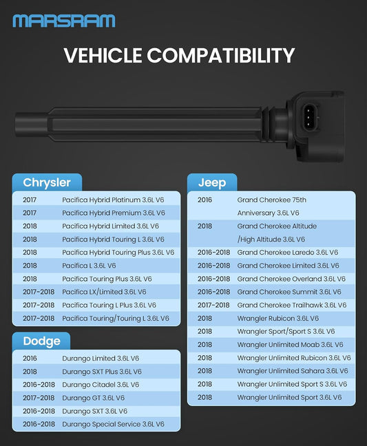 Marsram Ignition Coil Pack UF807 & Double Iridium Spark Plugs 93175 6 Set | Compatible with Jeep Dodge Chrysler, 2016-2018 Grand Cherokee Durango, 2018 Wrangler, 2017-2018 Pacifica, 3.6L V6, 68223569AB