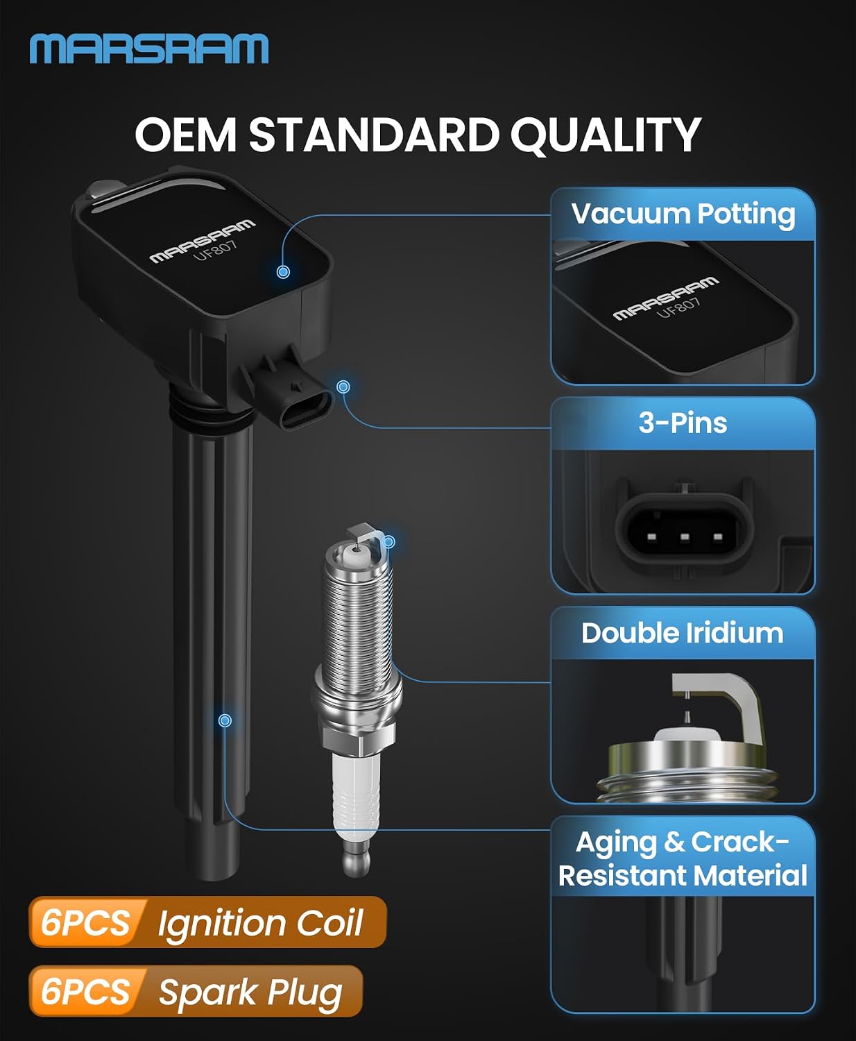 Marsram Ignition Coil Pack UF807 & Double Iridium Spark Plugs 93175 6 Set | Compatible with Jeep Dodge Chrysler, 2016-2018 Grand Cherokee Durango, 2018 Wrangler, 2017-2018 Pacifica, 3.6L V6, 68223569AB