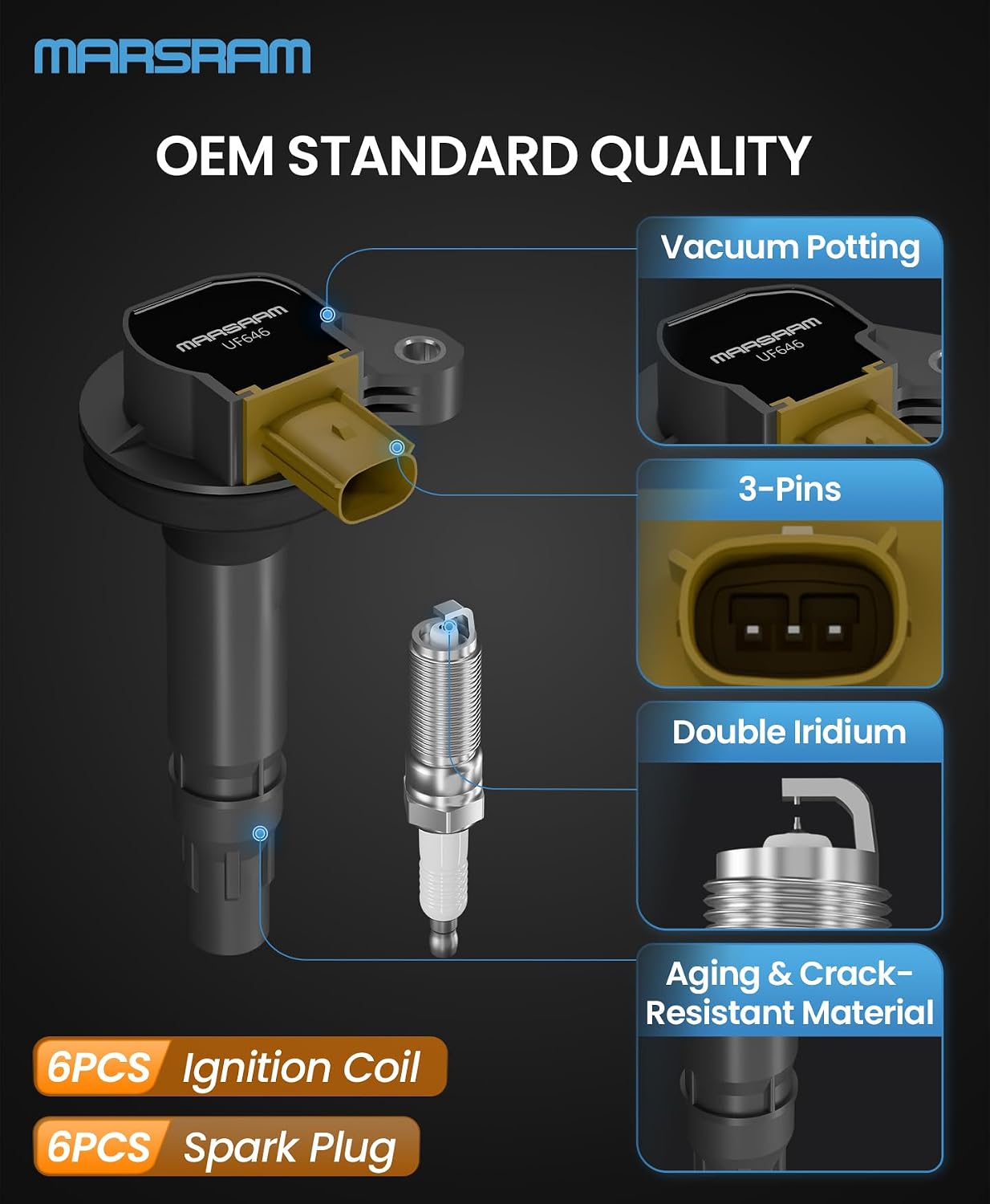 Marsram Ignition Coil Pack Spark Plug UF646 - Double Iridium for 2010-2011 LaCrosse CXS 3.6L, 2012 LaCrosse Convenience/Touring 3.6L, 2016 LaCrosse Sport Touring 3.6L