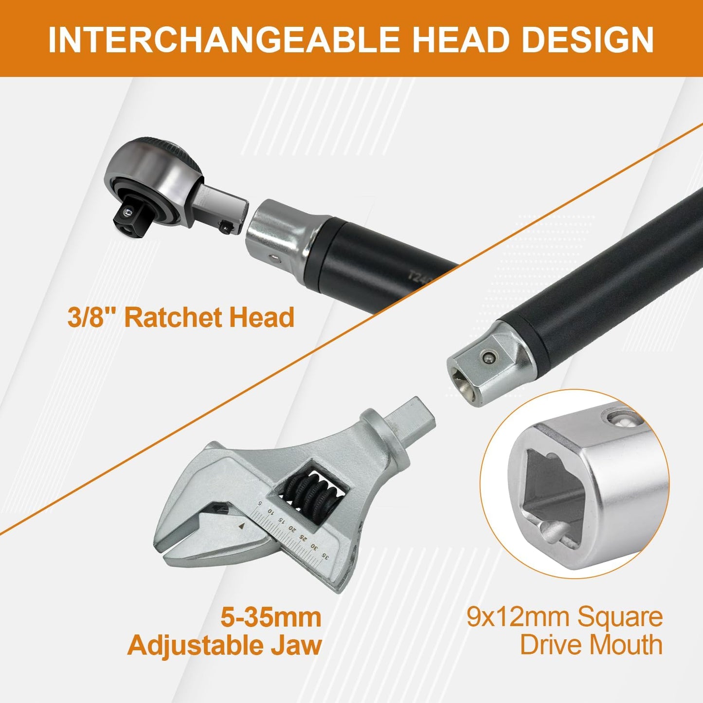 Marsram Adjustable Digital Torque Wrench 5-99.6ft.lbs/6.8-135N.m, Interchangeable Electronic Torque Wrench With 5-35mm Jaw And 3/8" Drive Ratchet Head With Buzzer And LED, For HVAC Car Moto Repair