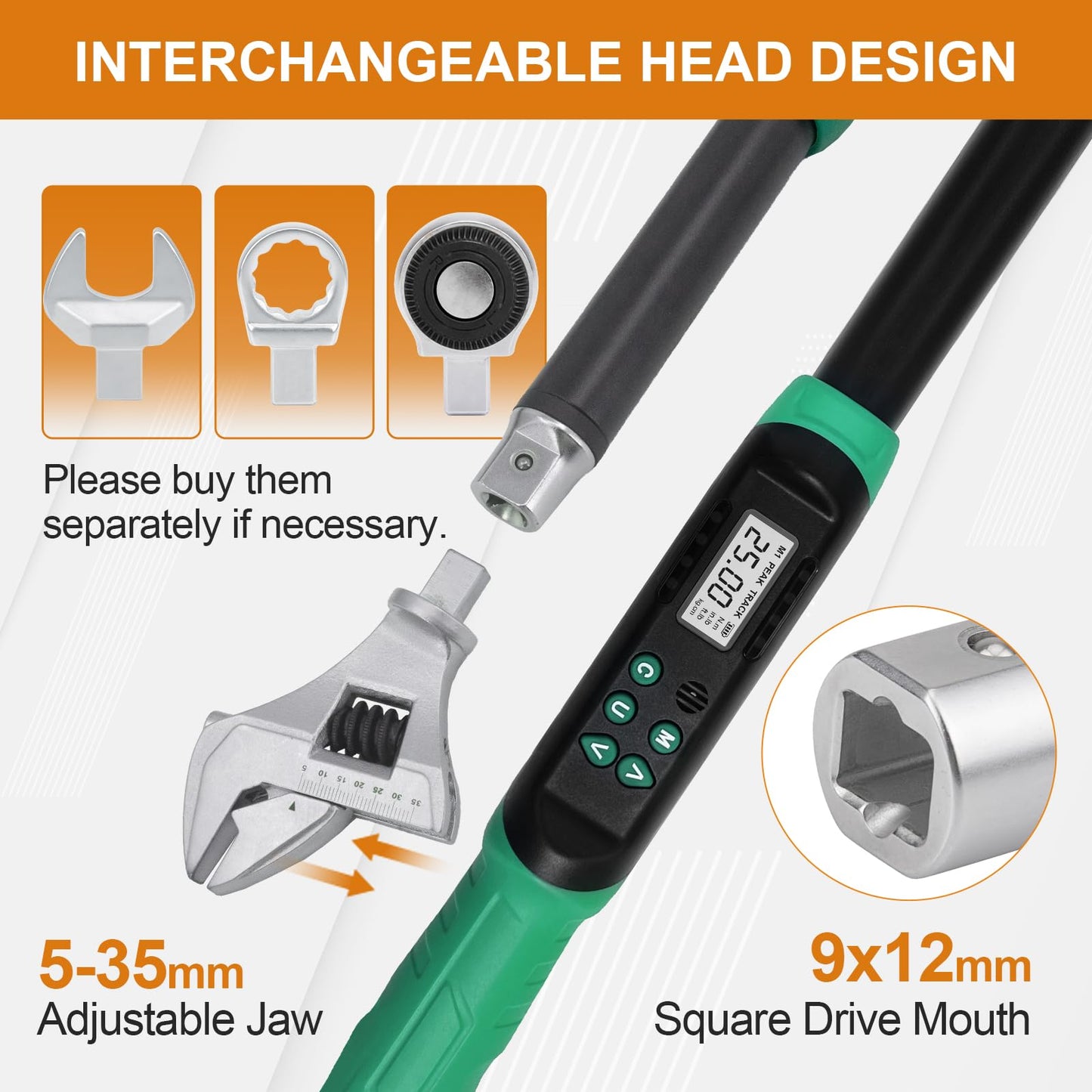 Marsram Adjustable Digital Torque Wrench, 5-99.6ft.lbs/6.8-135N.m, 5-35mm Jaw, Open End Interchangeable Electronic Torque Wrench With Buzzer And LED, For HVAC Car Moto Repair Tool, Calibrated