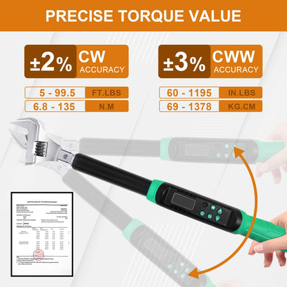 Marsram Adjustable Digital Torque Wrench, 5-99.6ft.lbs/6.8-135N.m, 5-35mm Jaw, Open End Interchangeable Electronic Torque Wrench With Buzzer And LED, For HVAC Car Moto Repair Tool, Calibrated