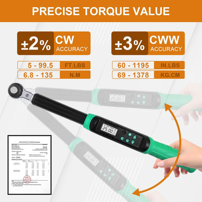 Marsram Adjustable Digital Torque Wrench 5-99.6ft.lbs/6.8-135N.m, Interchangeable Electronic Torque Wrench With 5-35mm Jaw And 3/8" Drive Ratchet Head With Buzzer And LED, For HVAC Car Moto Repair
